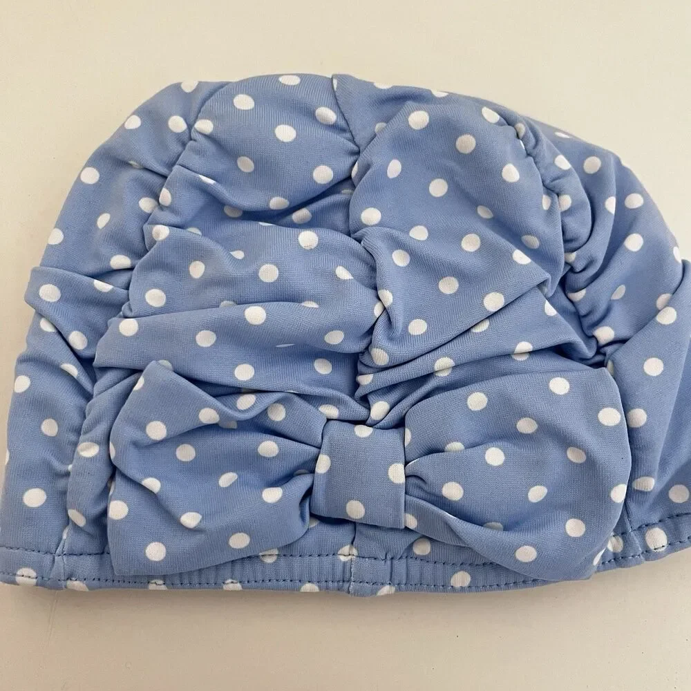 Janie and Jack Blue with White Polka Dots Bow Swim Cap Baby Girls SZ 6-12 Months